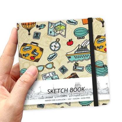 5" x 5" Hardcover Sketch Book,58 Sheets Small Mixed Media Pocket Sketch Pad | PU Cover,150 GSM Acid Free Artist Drawing Paper,Travel Journal Blank Notebook for Adults Sketching,Illustration. - color: 150gsm Cloth-travel