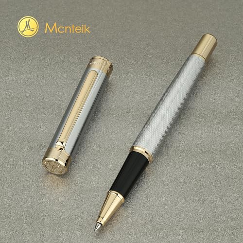 MCNTEIK Silver Chrome Rollerball Pen, Stunning Luxury Pen with Mesh Texture Design、Silver Chrome Finish and 24K Gold Accents, Nice Gift Set for Men & Women, Business, Executive, Office, Fancy Pens - color: Silver Chrome with Gold