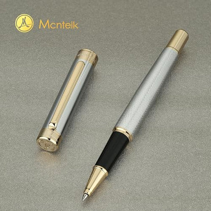 MCNTEIK Silver Chrome Rollerball Pen, Stunning Luxury Pen with Mesh Texture Design、Silver Chrome Finish and 24K Gold Accents, Nice Gift Set for Men & Women, Business, Executive, Office, Fancy Pens - color: Silver Chrome with Gold
