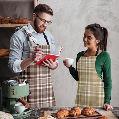 Apron with Pockets, 32x28 inch, 2 Pack, Khaki Champagne | Checkered Tartan Plaid Adjustable Bib with Pockets for Women Men Couple Lovers Chef Home Baking Gardening - color: Khaki Brown
