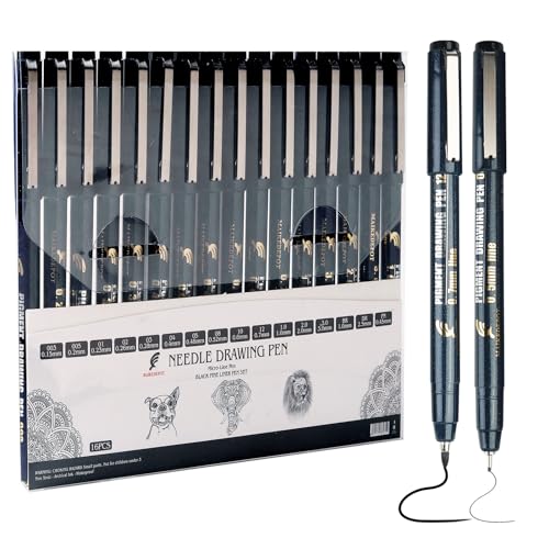 16 Pack Micro Fineliner Drawing Pens - Waterproof Black Ink, Assorted Tip Sizes for Sketching, Manga, Anime, Comic, Art Writing, Journaling & Architectural Design