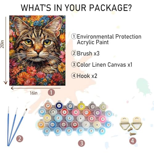 xackcme Paint by Numbers for Adults Cat - Cat Paint by Number on Canvas | DIY Flower Oil Painting for Gift Home Wall Decor, Without Frame (16x20 inch) - color: MT12873