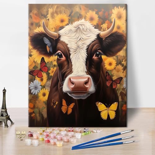 TUMOVO Cow Flowers and Butterflies Paint by Numbers Craft Kit for Adults | Animal Art on 16x20 Inch Unframed Canvas with Acrylic Paints and 3 Brushes Relaxing DIY Craft and Wall Decor - color: Cow