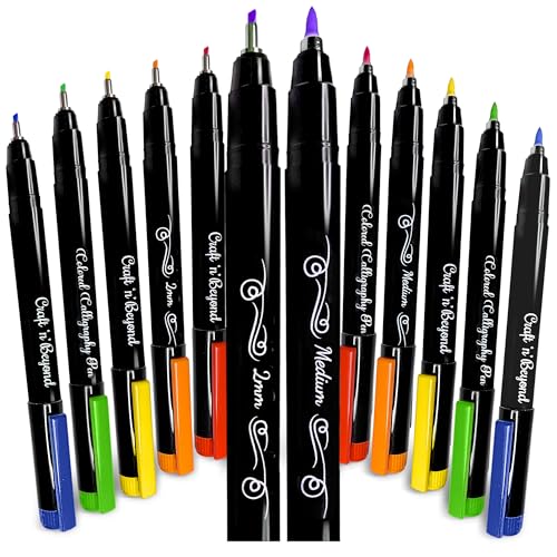Craft 'n' Beyond Colored Calligraphy Brush Pens Waterproof Pack of 12 Markers for Hand Lettering, Art Drawing, Sketching, Scrapbooking, Writing, Journaling tip - Beginner Kit with Fadeproof Ink - color: Multicolor- Pack of 12