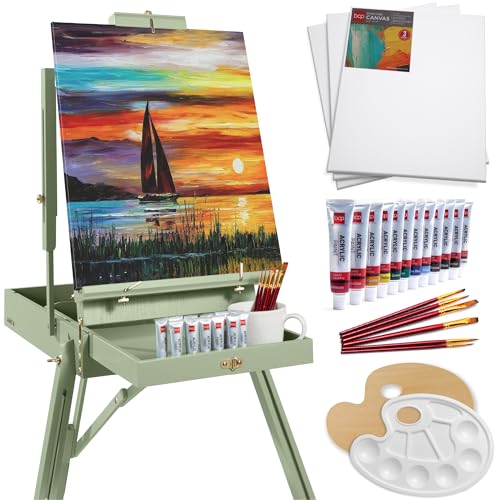 Best Choice Products Art Easel for Painting, Portable Wooden Adjustable Artist Tripod with Sketch Box, 32-Piece Art Set with Acrylic Paints, Brushes, Canvases & Palette - Sage Green - style: Sage Green