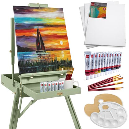 Best Choice Products Art Easel for Painting, Portable Wooden Adjustable Artist Tripod with Sketch Box, 32-Piece Art Set with Acrylic Paints, Brushes, Canvases & Palette - Sage Green - style: Sage Green