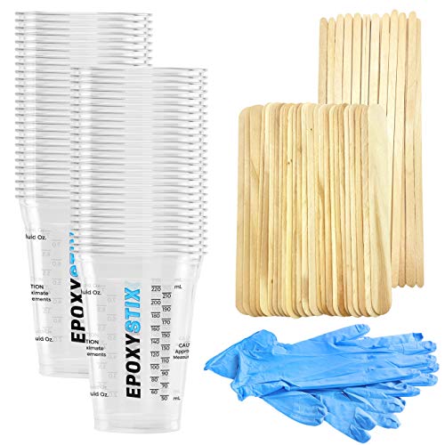 [Pack of 50] Disposable Measuring Cups for Mixing Epoxy Resin - Measurements in mL and Oz - Bonus Pack With 25 Applicator Sticks, 25 Mixing Sticks and 2 Pairs of Nitrile Gloves - size: Pack of 50 with Sticks