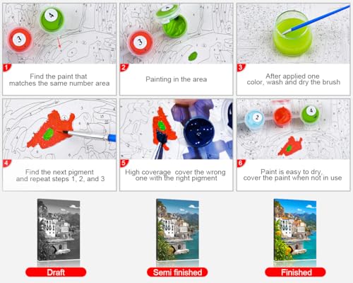 TUMOVO Paint by Numbers for Adults Beautiful View of Amalfi Oil Painting Paint by Numbers for Beginners Lemons in the Foreground Italy Paint by Numbers Kit DIY Oil Painting Children s Crafts Framed - color: Amalfi-F