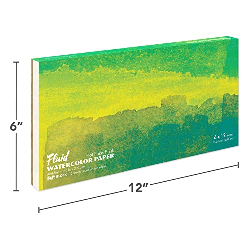 Fluid Watercolor Paper Block, 6 x 12 Inches, 15 Sheets, 140 lb (300 GSM) Hot Press Pad for Artist Painting and Wet Media - size: 6 x 12