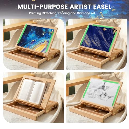 Portable Tabletop Easel for Painting, Wooden Desk Easel with Drawer & Palette, Adjustable Art Easel for Adults Beginners, Foldable Travel Easel with Handle & Strap (Beech Wood)