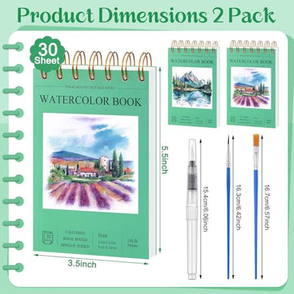 2 Small Watercolor Sketchbook with Watercolor Brushes, 3.5" x 5.5" | Watercolor Paper Pad, 60 Sheets 140lb/300g Water Color Paper Spiral - Bound with Tear - Line Travel Sketchbook