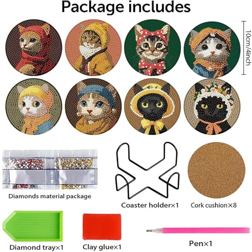 gganmtere 8 Pcs Funny Cat Diamond Painting Coasters Kits Set,Cat Diamond Art Coasters with Holder,5D DIY Full Drill Diamond Dots,Adult Diamond Art Kit Gift - color: JXBD56