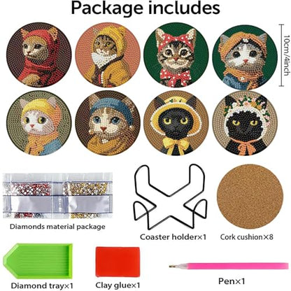 gganmtere 8 Pcs Funny Cat Diamond Painting Coasters Kits Set,Cat Diamond Art Coasters with Holder,5D DIY Full Drill Diamond Dots,Adult Diamond Art Kit Gift - color: JXBD56