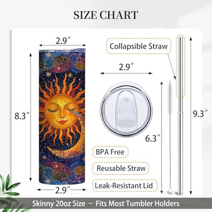 Firmiso 20 oz Tumbler | Skinny Insulated Travel Mug with Leak-proof Lid and Telescopic Straw | Sun and Moon Celestial Stainless Steel Coffee Cup | Christmas Gifts for Women and Men - color: Sun Moon