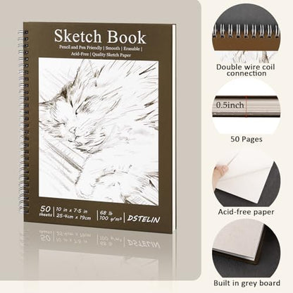 DSTELIN 2 Pack 50 Sheets Spiral Bound Art Sketchbook, 10 x 7.5 Inch 100GSM Acid-Free Drawing Paper, Sketch Books with Cardboard Backing for Artists and Students