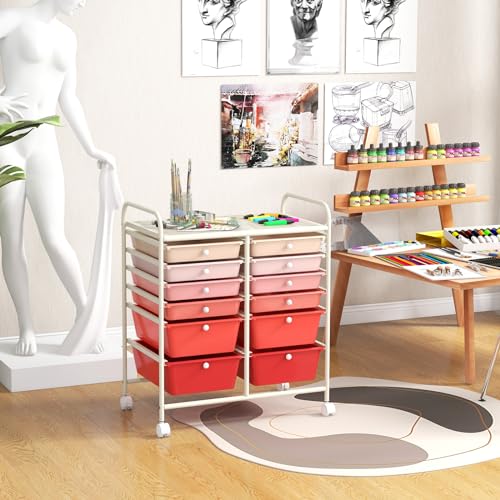 12 Drawer Rolling Storage Cart, Craft Cart Organizer on Wheels w/Metal Frame, Large Capacity & Smooth Drawer, Rolling Cart w/Drawers for Classroom, Office - color: Gradient Pink, size: 12 Drawer
