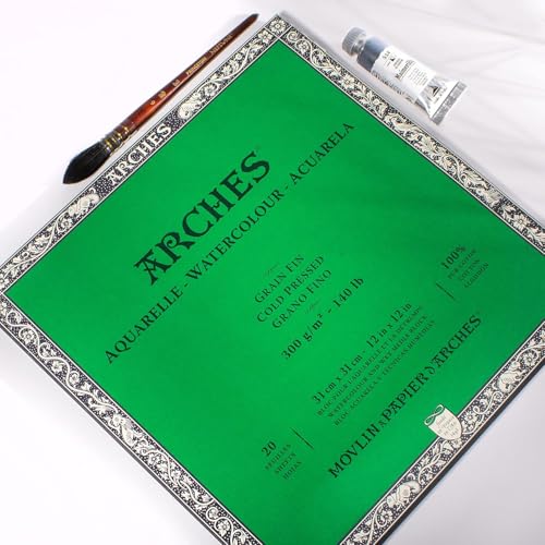 Arches Watercolor Block 12x12-inch Natural White 100% Cotton Paper - 20 Sheets of Watercolor Paper 140 lb Cold Press - Art Paper for Watercolor Gouache Ink Acrylic and More - size: 12"x12", style: Cold Press