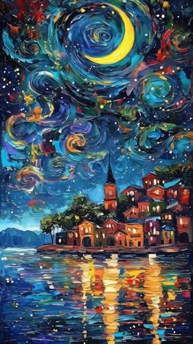 ARTGOTO Large Paint by Numbers for Adults Starry Night Village | 15.7x27.5inch/40x70cm Paint by Number Kit on Canvas, Crescent Moon Lake Reflection Acrylic Painting Set, No Frame - color: PBN060
