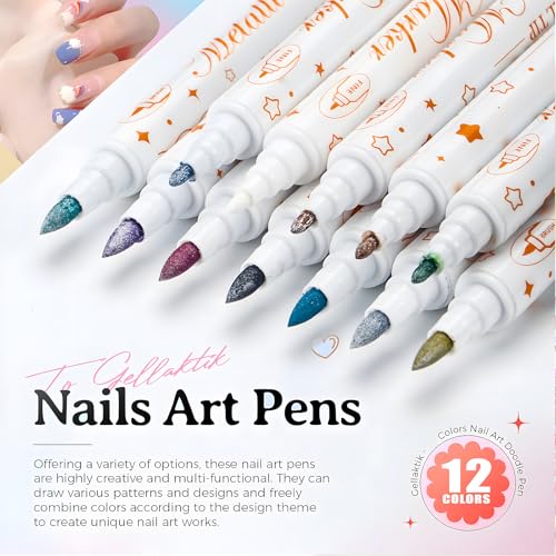 12 Colors Metallic Nail Art Pens Set, Double-Ended Nail Marker Pens for Nail Art Dotting Line Painting Designs, Water Based Quick Dry Paint Markers for DIY Manicure, Home & Salon Use - color: Multicolor C