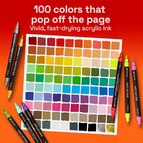 ARTISTRO 100 Acrylic Dual-Tip Glass Marker Pens for Wine Glasses | Brush + Fine Tips Vibrant Dual Tip Paint Pens for Party Charms, DIY, Craft - Art and Craft Supplies for Adults, Teens, Kids