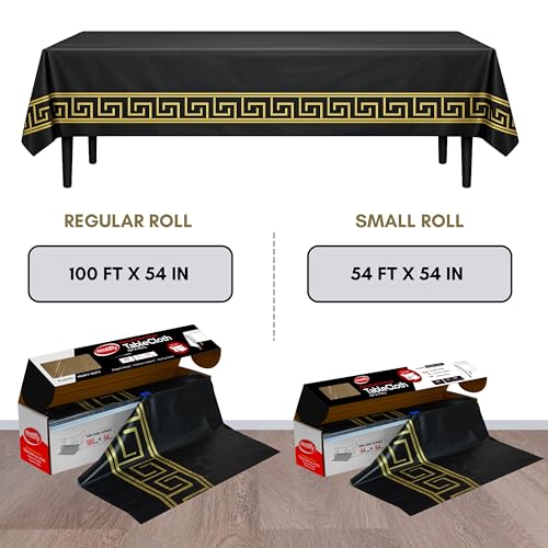 Neatiffy Plastic Tablecloth Roll with Slide Cutter, Disposable Waterproof Table Cover, Cut to Size for Rectangular & Round Tables, Party, Picnic, Wedding, 54 in x 54 ft, Black Gold Design - color: Black With Golden Design