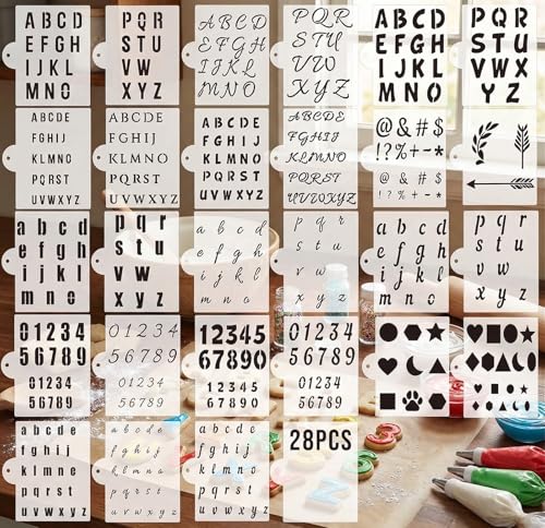 28PCS Alphabet Number Stencils for Baking, Reusable PET Letter Symbols Drawing Templates, DIY Decorating Stencils for Cookie, Wood, Canvas, Wall, Scrapbook, Journal, Gift Card (5.5x5.5Inch)