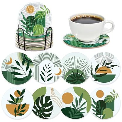 Boho Diamond Art Coasters - 8 Pcs DIY Green Plant Diamond Painting Coasters Kits with Holder for Drinks Coffee Aesthetic Gem Art Crafts Supplies Birthday Easter Gift for Beginners Adults - color: Boho Plant