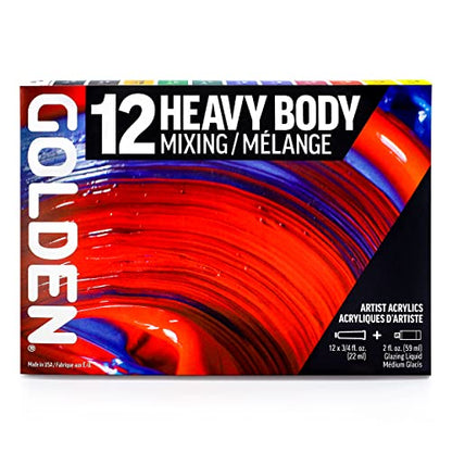 GOLDEN Heavy Body Acrylics Mixing Set, 12 x 22 ml Tubes + Glazing Liquid | Mix an extensive range with this limited palette of smooth, thick, richly pigmented artist grade colors.