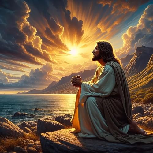 YQFCZDQ Jesus Christ Prayer Diamond Art Kits for Adults,Sunset Landscape 5D Diamond Painting Kits for Beginner,DIY Round Full Drill Diamond Dots Paintings Picture Gem Art&Crafts Home Decor 13.8x13.8in - color: Jesus