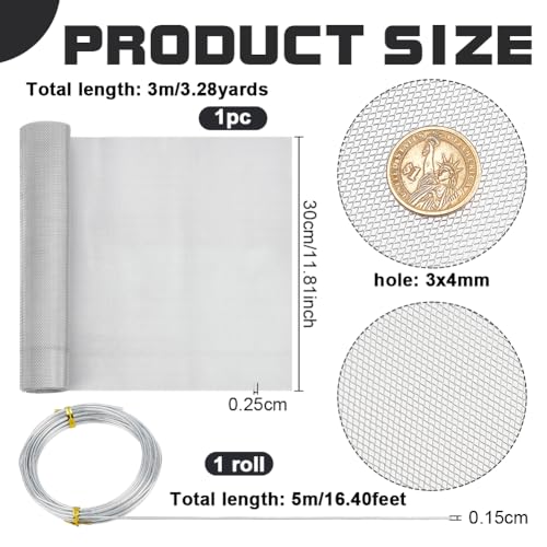OLYCRAFT 11.8 Inch by 9.8 Ft Aluminum Sculpting Wire Mesh 3x4mm Hole Aluminum Wire Mesh Roll with 15 Gauge Stainless Screen for Arts and Craft Metal Garden Screen Window - size: 3x4mm Hole