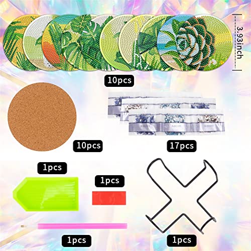 10 Pcs Green Plant Leaves Diamond Art Painting Coasters, Cactus Succulent Monstera Crafts Kits for DIY Coasters, Diamond Art Kits for Adults - color: Clear,green