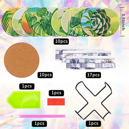 10 Pcs Green Plant Leaves Diamond Art Painting Coasters, Cactus Succulent Monstera Crafts Kits for DIY Coasters, Diamond Art Kits for Adults - color: Clear,green