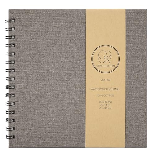 Vienrose Watercolor Book, Watercolor Journal with 22 Sheets 140 LB (300 GSM) Cotton Watercolor Paper, Grey Leather Cover Travel Art Journal for Painting & Notes, 8.3"x8.3" - color: Grey, size: 8.66"x8.46"