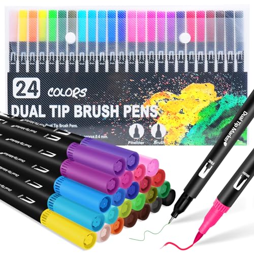 Halobios Dual Brush Marker Pens, 24 Colors Art Markers with Fine and Brush Tip Coloring Markers for Adults, Marker for Journaling Calligraphy Drawing Sketching Doodling Illustrating - color: 24 Colors