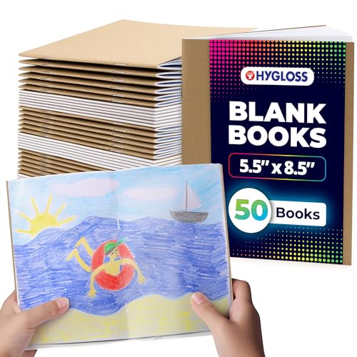 Hygloss Blank Books - Bulk 50 Pack – 5.5" x 8.5" A5 Kraft Paperback Blank Books for Kids to Write Stories, Doodle, Arts & Crafts – Plain Drawing Sketchbook, Unlined Journal, Notebook Without Lines - color: Kraft, style: 50 Books