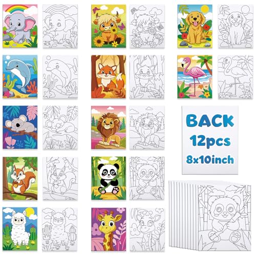 Louise Maelys 12 Packs Animal Pre Drawn Canvas to Paint for Boys Girls | 8x10 Inch Pre-Stretched Canvas Panels, Pre Printed Painting Canvas Kit For Kids' Parties, Classroom Art And Beginner Painting - color: animal