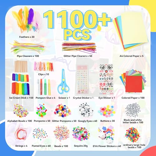 SMILESSKIDDO Craft Supplies for Kids, 1100+ PCS Crafts with Storage Box | Portable 3 Layer Folding Storage Box, Arts and Crafts for Kids, DIY Craft Kits, Birthday Gifts for Girls Ages 4-12 - color: Pink