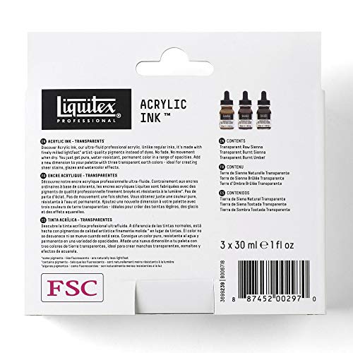Liquitex Professional Acrylic Ink, 1-oz (30ml), Transparent Set, Set of 3 | Ultra Fluid Acrylic, Highly Pigmented, Dye-Free, Non-Fading, Satin Finish, Permanent When Dry, Lightfast - color: Transparent - Set of 3