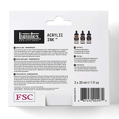 Liquitex Professional Acrylic Ink, 1-oz (30ml), Transparent Set, Set of 3 | Ultra Fluid Acrylic, Highly Pigmented, Dye-Free, Non-Fading, Satin Finish, Permanent When Dry, Lightfast - color: Transparent - Set of 3