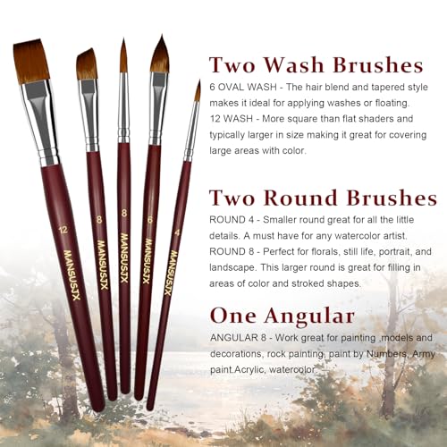 5pcs Watercolor Brush Set - Watercolor Brushes Professional Soft Synthetic Sable Hair – Artist Water Paint Brush Set- Wash 12, Oval Wash 6, Angular Shader 8, Round 4 & Round 8