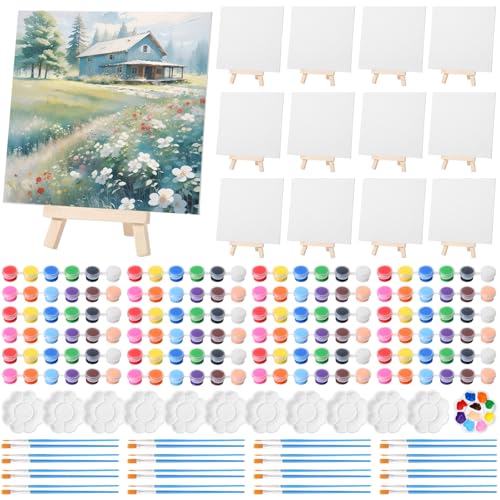Qilery 12 Set Canvas Painting Kit, Mini Canvas with Wooden Easels Acrylic Paints Strips, Brushes, Palette, Art Set for Acrylic Oil Watercolor Adults Birthday Party Favors(8 x 8 Inch) - size: 8 x 8 Inch