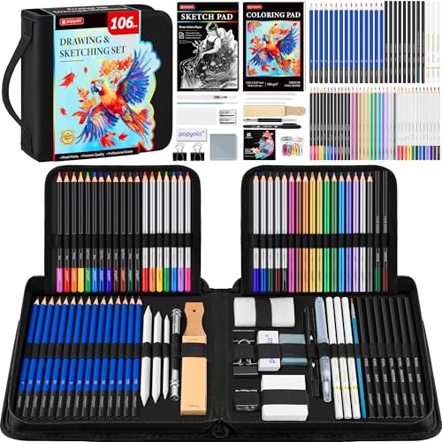 106 Pack Drawing Set Sketching Kit, Pro Art Supplies Sketch Pencils Set | with 3-Color Sketchbook, Coloring Book, Tutorial, Graphite Colored Charcoal Watercolor & Metallic Pencils - color: Black, size: 106 Pack