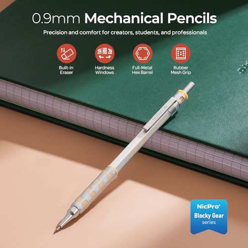 Nicpro Blocky Gear 0.9 mm Mechanical Pencils Set, Metal Pencil with Case | 120 Lead Refills, Erasers+9 Eraser Refill, Hexahedral Barrel, Mechanical Pencil Bulk, for Professional Sketching Drafting - size: 0.9 mm