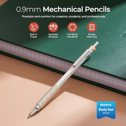 Nicpro Blocky Gear 0.9 mm Mechanical Pencils Set, Metal Pencil with Case | 120 Lead Refills, Erasers+9 Eraser Refill, Hexahedral Barrel, Mechanical Pencil Bulk, for Professional Sketching Drafting - size: 0.9 mm