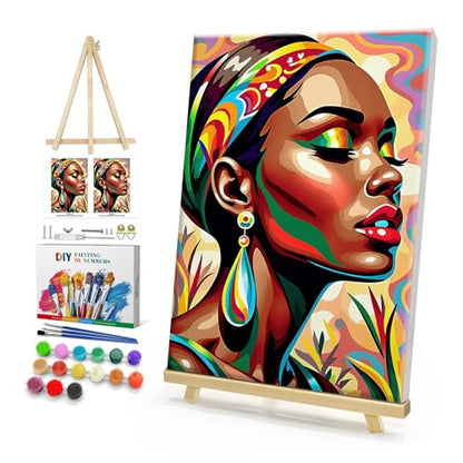 HeeBenor Paint by Numbers Kit for Adults Framed, Black Women Paint by Number with Easel, DIY Acrylic Black Woman Oil Painting Kit, Adult Paint by Number Kits Framed Canvas 8x12 Inch - color: Black Women 041