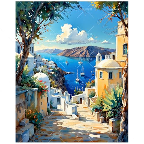 Mediterranean Landscape Paint by Numbers Kit for Adults - DIY Santorini Coastal View Painting on Canvas, Acrylic Paint Set, Suitable for Beginners, Art for Home Decoration or Gifts(12X16IN Framed) - color: HSX00869, size: 12X16IN Framed