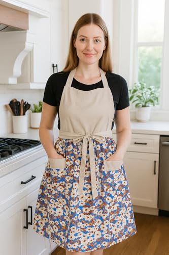 Cute Floral Apron for Women with Pockets, Cotton, Adjustable Straps - color: Beige
