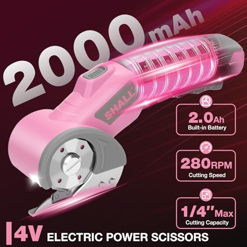 SHALL 4V Cordless Electric Scissors, Rechargeable Cardboard Cutter, Rotary Electric Box Cutter w/Safety Lock, LED Light & Replacement Blade for Fabric, Leather, Carpet, Cardboard & Plastic, Pink/Grey - color: Pink