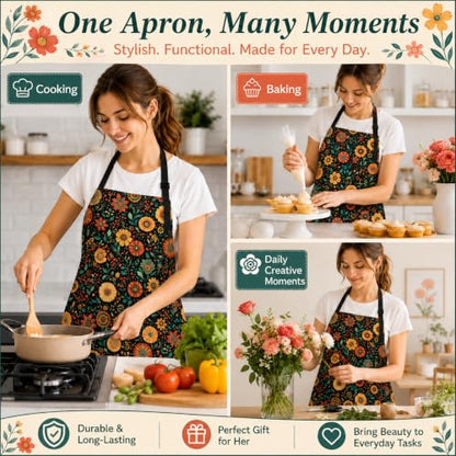 Flowers Apron with 2 Pockets Adjustable Stain Resistant Kitchen Cooking Apron for Baking BBQ Grilling Grilling Painting Gardening - color: Flowers