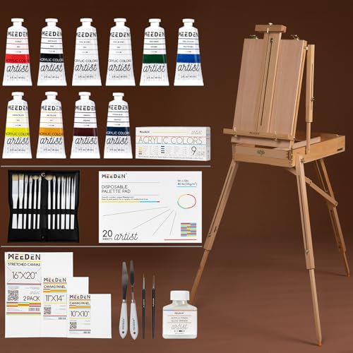MEEDEN Art Set with French Easel: Acrylic Painting Kit for Adult Artists | Complete Starter Kit with 10–60ML Acrylic Paints and Paintbrushes for Beginners and Professional Artists